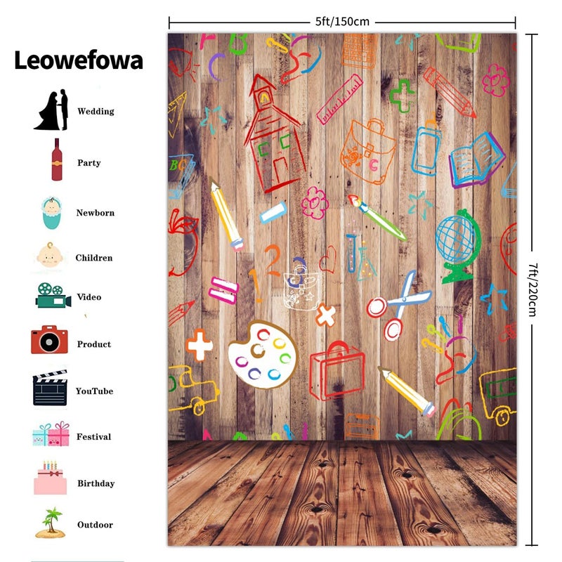 Leowefowa Back to School Backdrop 5x7ft Vinyl Photography Backdrops Hand Painted Pencils House Books on Vintage Retro Stripes Wood Floor Background Baby Kids Children Photo Studio Props - Image 2